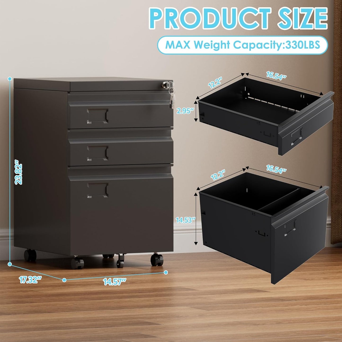 SUXXAN Mobile File Cabinet - Heavy Duty Steel 3 Drawer Filing Solution with Lock | Fits Letter/Legal/A4 Size
