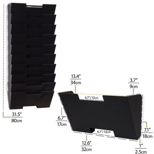 Wallniture Lisbon 10-Tier Wall Mounted File Holder and Desk Organizer, Metal Black Office Organization and Storage Rack