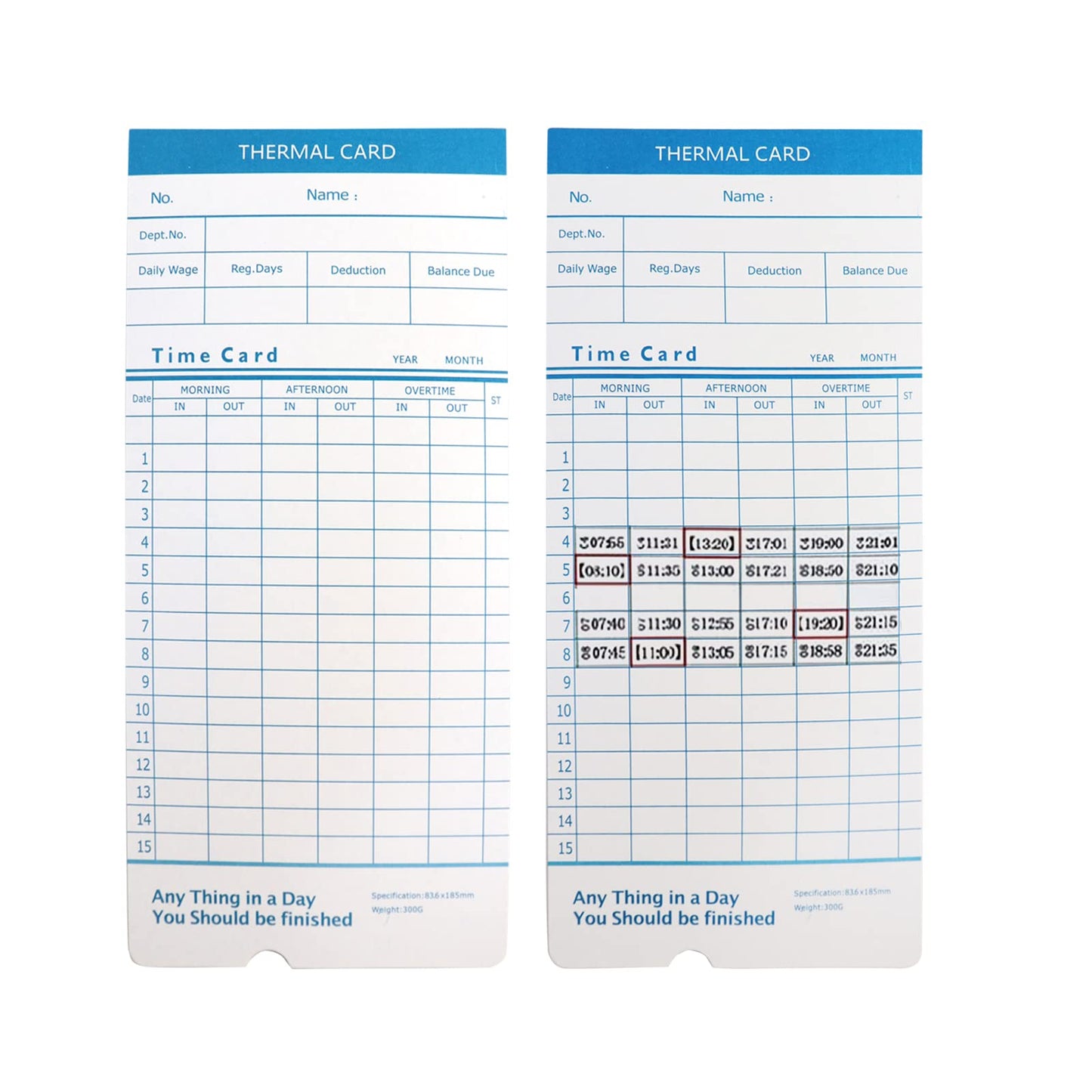 JIAN BOLAND Thermal Time Cards 50pcs,Monthly, 2-Sided,7.3×3.3inches Weekly Employee Time Sheet for Thermal Punch Clock