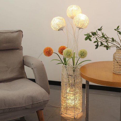 Modern Pastoral LED Floor Lamp: Decorative Hand-Woven Rattan Flower Night Light - Creative Standing Smart Lamp for Reading Living Room Bedroom Tea Room Club