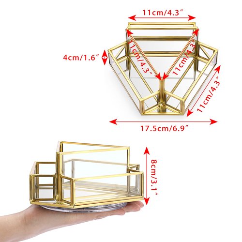 Hipiwe 360° Rotating Business Card Stand Holder Gold Glass Name Card Display Stand Vintage Mirrored Office Desktop Business Card Organizer, 4-Slots