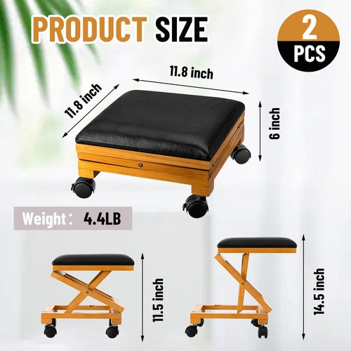 CroBlissful 2 Pack Rolling Adjustable Foot Rest Foldable Under Desk Ottoman with Wheels Leather Foldaway Guitar Foot Stool for Home Office Living Room Bedroom