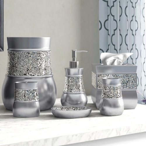 Crackled Glass Silver Small Bathroom Trash Can 2.06 Gal / 7.8L – Decorative Waste Basket for Bathroom, Powder Room or Bedroom - Durable Mini Wastebasket with Beautiful Crackled Glass