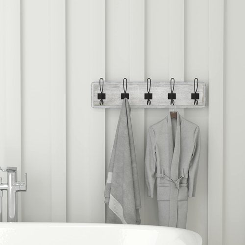 Flash Furniture Daly Wall Mounted Storage Rack - Whitewashed Solid Pine Wood - 24 Inch - 5 Hanging Hooks - For Entryway, Kitchen, Bathroom