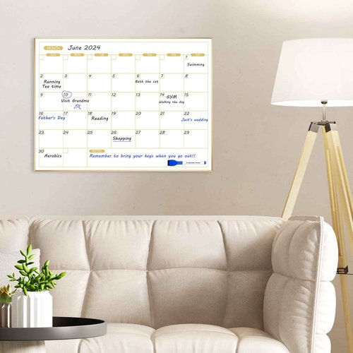 ARCOBIS Monthly Calendar Whiteboard for Wall, 24" x 18" Magnetic Dry Erase Calendar with Gold Frame, Wall Hanging Planner for Home, Office, School
