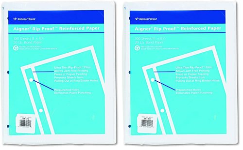 National Rip Proof Reinforced Filler Paper, 3-Hole, 8.5 X 11, Unruled, 100/pack,White (Pack of 2)