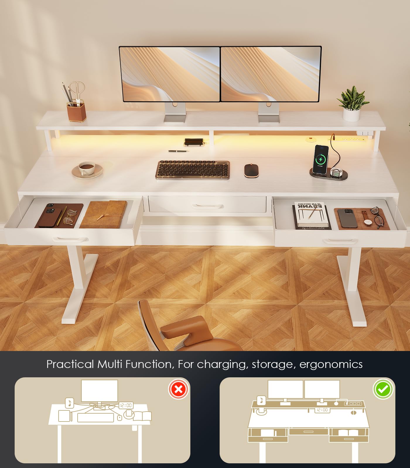 OffiGo Electric Standing Desk with Drawers, 55 Inch Height Adjustable Desk with Power Outlets & LED Lights, Sit Stand Table with Monitor Stand for Home, Office, Workstation, Rustic Brown