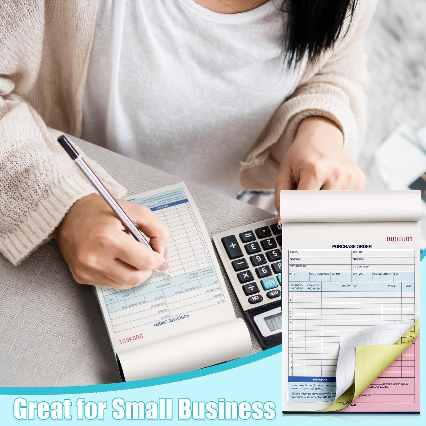 Lincia 20 Pack Purchase Order Book 3 Part Carbonless Purchase Order Forms for Small Business with Carbon Copies Cover, 50 Sets Per Book, 8.4 x 5.5 Inch
