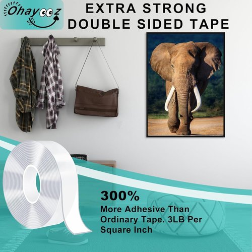 Ohayooz® Heavy Duty Double-Sided Tape - Extra Strong, Removable 10FT Clear Nano Adhesive for Photos & Decor