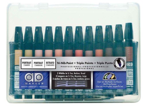 The Original Chartpak AD Markers, Tri-Nib, 12 Assorted Portrait Colors in Reusable Plastic Carrying Case, 1 Each (FLT12)