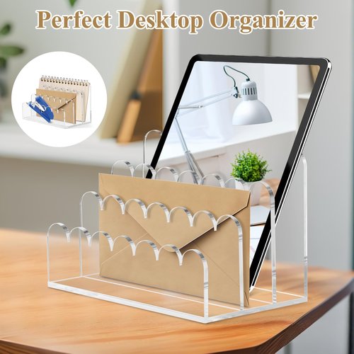 Acrylic Scalloped Mail Holder Organizer Sorter for Desk Clear Print Script Letter Holder Countertop 3 Upright Compartments Laddered Envelope Stand for Office Home School