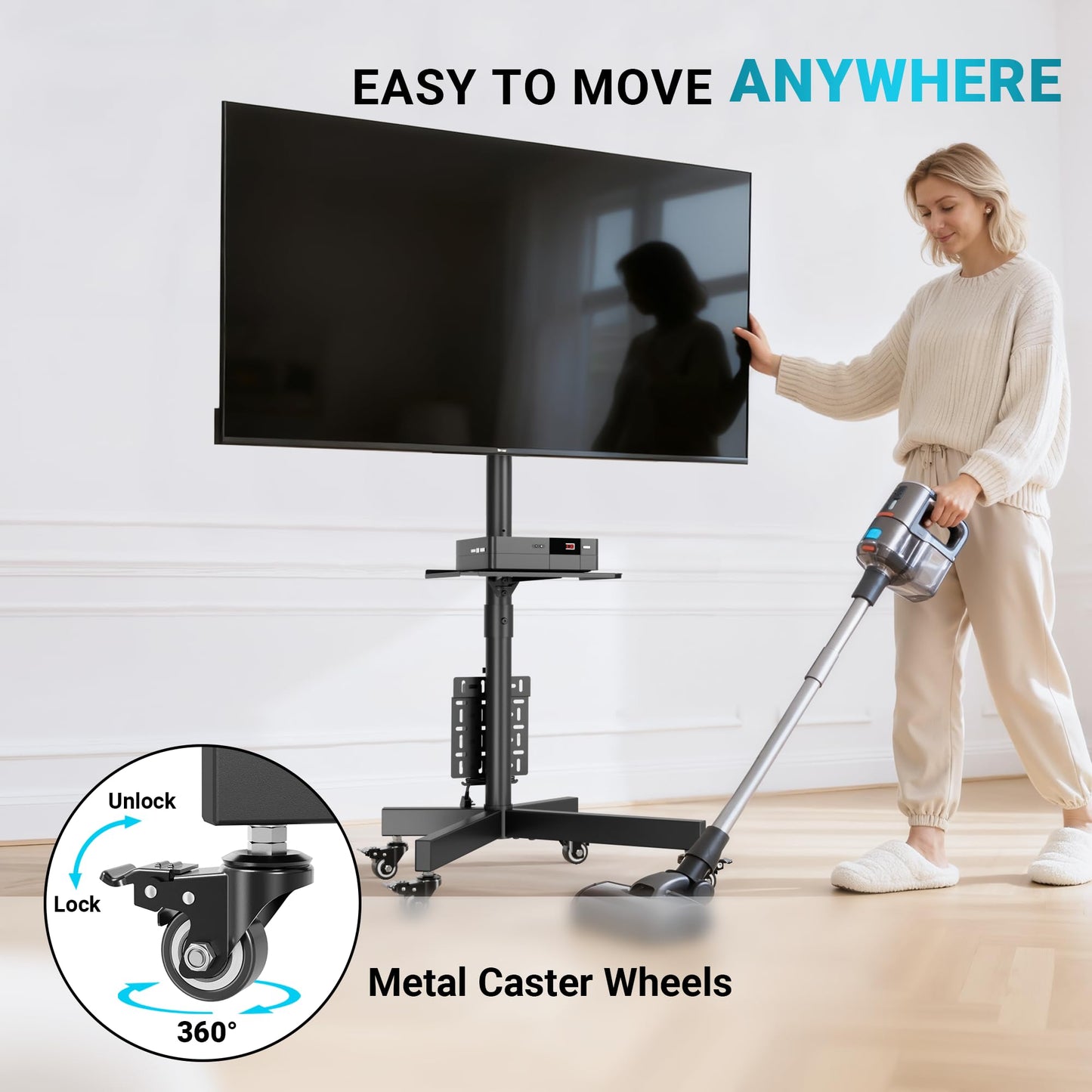 BONTEC Rolling TV Stand with Pegboard Storage for 32–65 Inch TVs, Holds, Height Adjustable Mobile TV Cart on Metal Wheels with Shelf & Cable Management,Holds up to 88 lbs, Max VESA 400x400mm