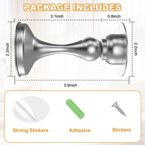 Crosize Magnetic Door Stoppers - Stainless Steel Wall & Floor Mounting | No-Drill Adhesive Tapes, Silver - 2 Pack