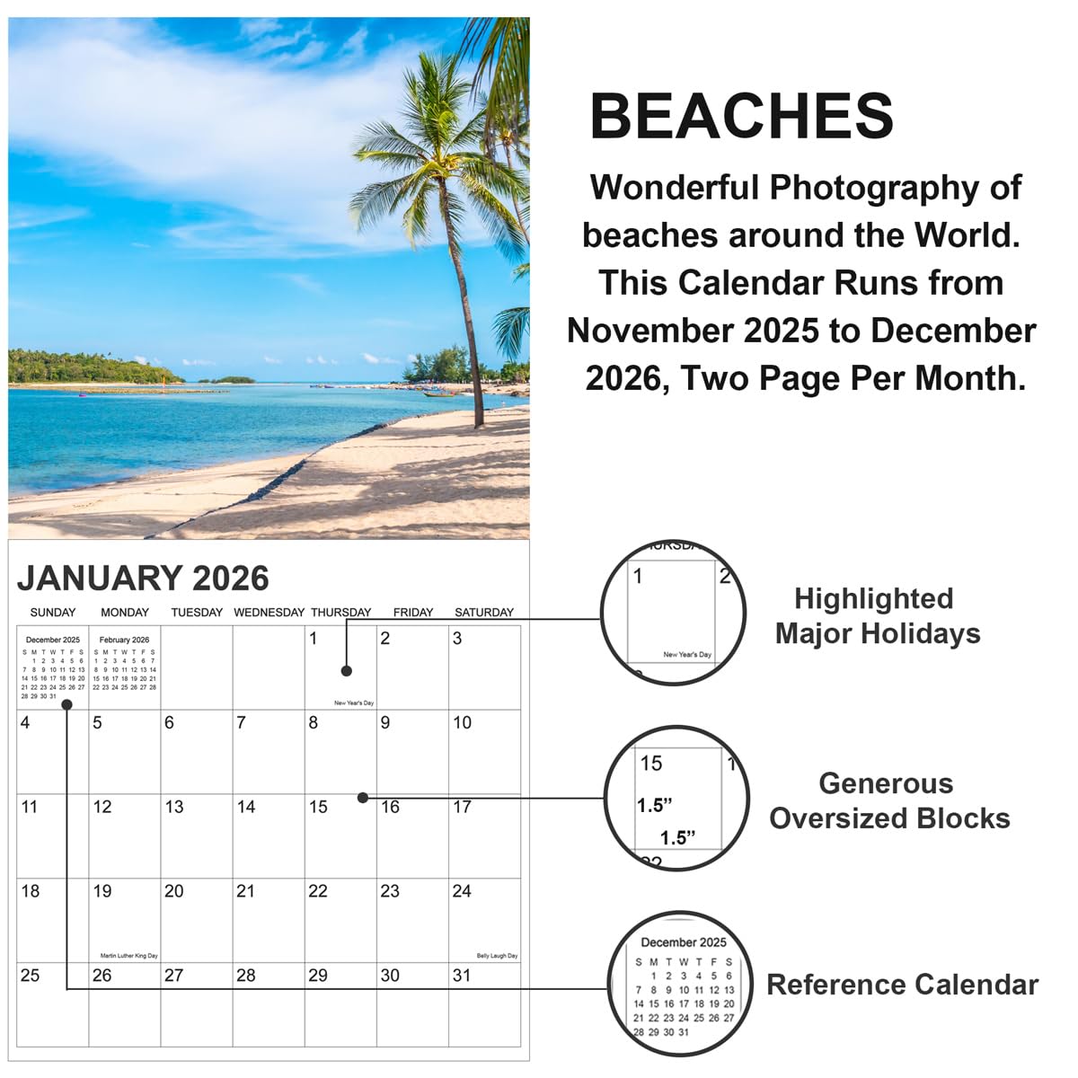 2026 Calendar for Wall, Calendar 2026 from January 2026 - December 2026, 12" x 24" Opened 12 Months Calendar, Full Page Months Thick & Sturdy Paper for Gift Perfect, Beaches