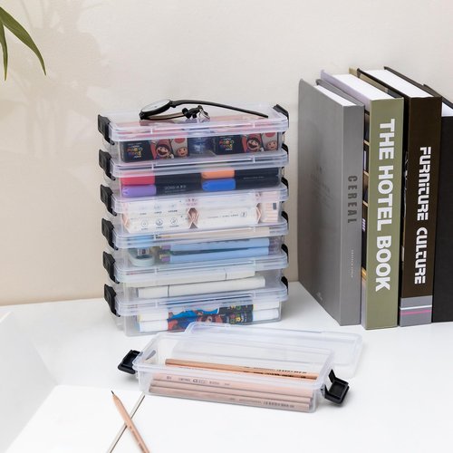 Bienvoun 6Pack Clear Pencil Box Plastic Storage Containers with Latching Lids Stackable Office Supplies Organizer for Gel Pens Erasers Crafts Markers Crayon