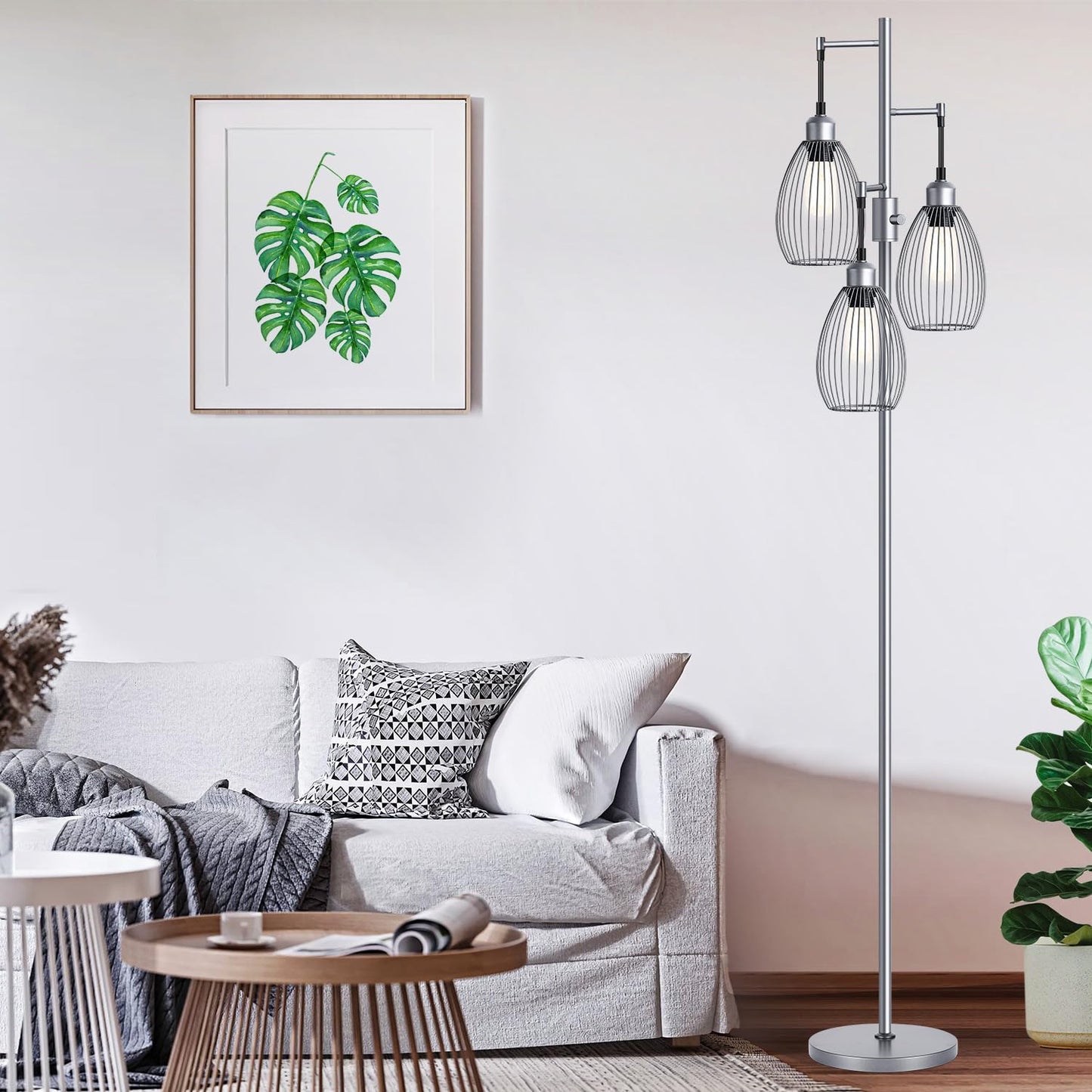 Nintiue Dimmable Floor Lamp, 3 x 800LM LED Edison Bulbs Included, Industrial Floor Lamp Standing Tree Lamp with Elegant Teardrop Cage Heads Tall Lamps for Living Room Bedroom-Grey