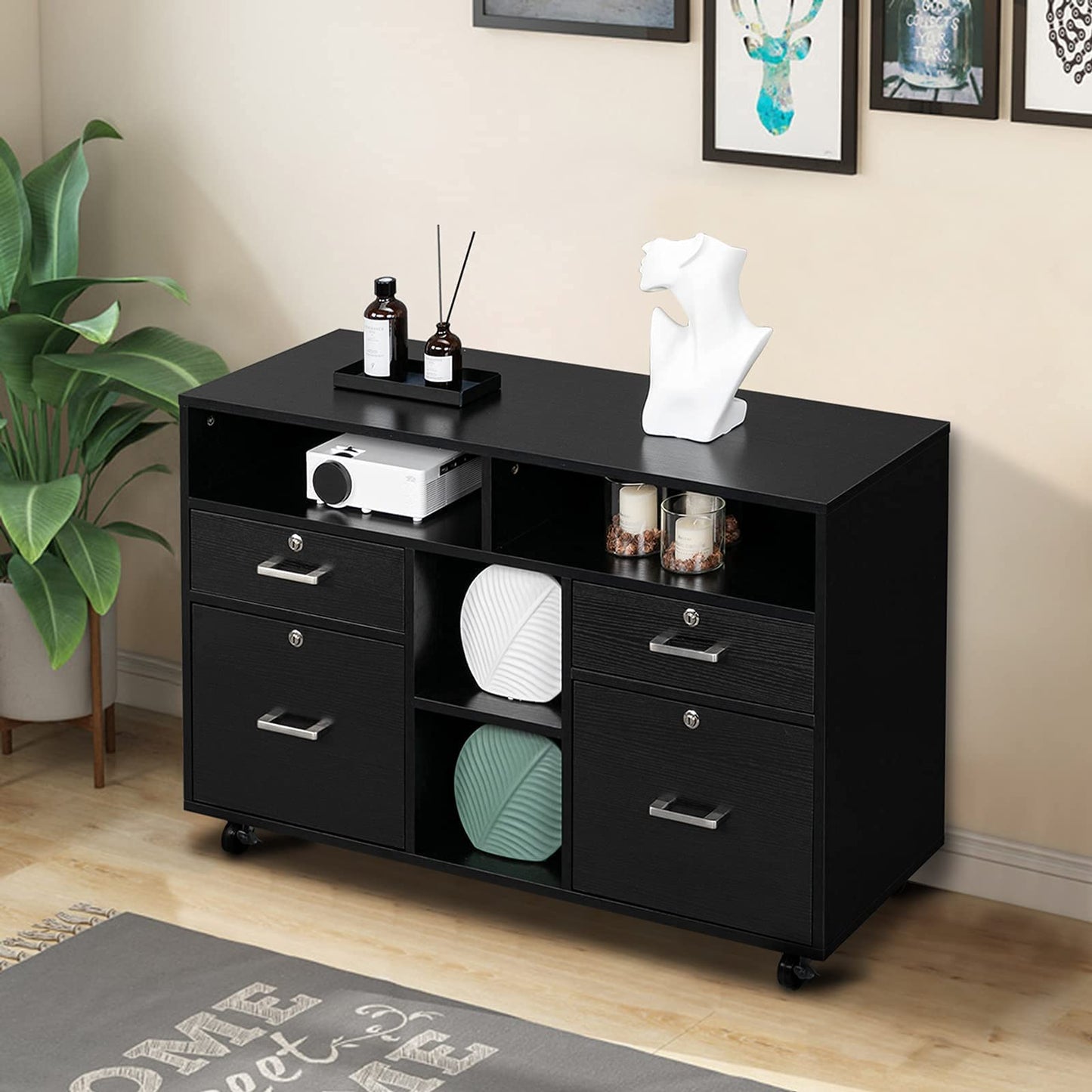 VINGLI Wood Mobile File Cabinet with 4 Drawers and Shelves, Printer Stand with Open Storage, Locking Lateral Filing Cabinet for Home Office, Black