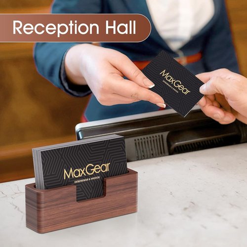 MaxGear Walnut Wood Business Card Holder - Elegant Desk Display Stand | Curved Office Organizer, 1 Pack