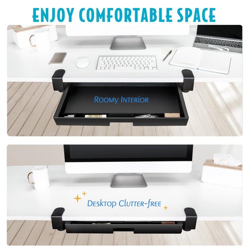 EHO Under Desk Slide-Out Storage Drawer, Large 20"x11.8" Pull-Out Organizer with Smooth Sliding Rail, Adjustable C-Clamp Mount, Black Tray for Home Office & Standing Desk