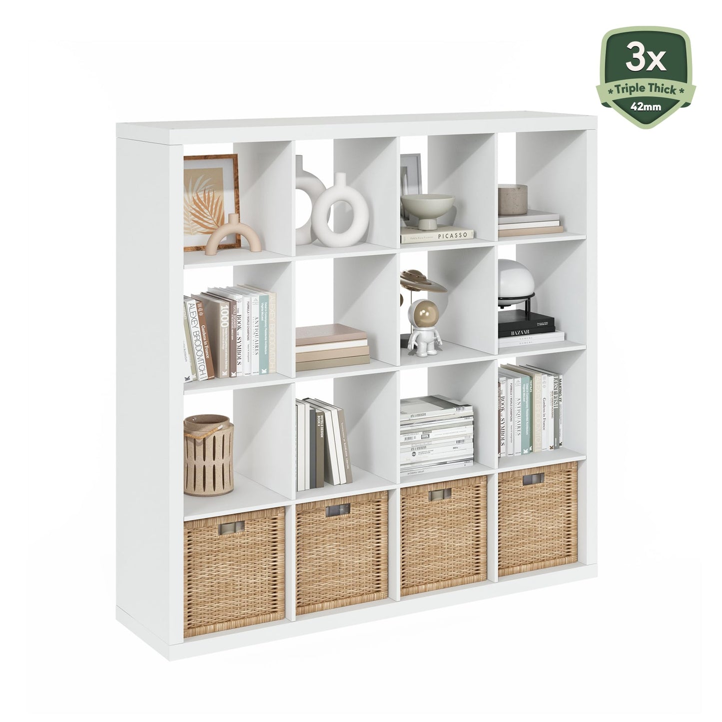 Furinno Cubicle Book Shelf, 16-Cube Bookshelf, Triple Thick Frame Cube Storage Organizer, 1.65" Bookcase, 15.4 x 57.4 x 56.9, for Home Office, Living Room, Plain White