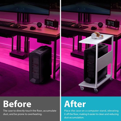 360Tronics Computer Tower Stand, Upgrade 2-Tier Extra Large Gaming ATX-Case Storage CPU Holder Cart with Rolling Wheels, Mobile PC Standing Table for Home and Office, White