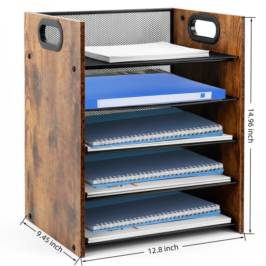 Boershun Desk Organizer - 5-Tier Desktop File Organizer, Wooden Paper Tray Organizer, Office Desk Organzier and Accessories for Papers, Mail, Notebooks, Stationery