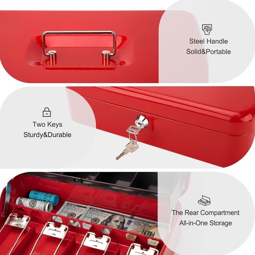 Jssmst Cash Box - Secure Red Money Tray with Key Lock | Large 11.8'' x 9.5'' x 3.5'' Safe Drawer