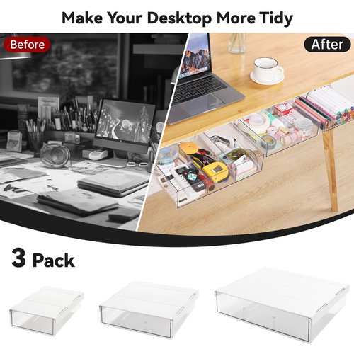 OTraki 3 Packs Under Desk Storage Drawer, Large & Medium & Small, Stick on Drawers Slide Out, Self-Adhesive Desk Amount Drawer Attach for Office, Home, School, Hidden Desktop Organizer, Clear