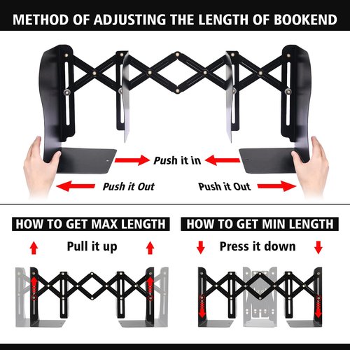 2PCS Adjustable Bookends, Metal Book Ends for Heavy Book, 2 Dividers, Nonslip Book Stander for Desk, Shelf, Office, Stationery Gift, Extends up to 19 inches (Black)