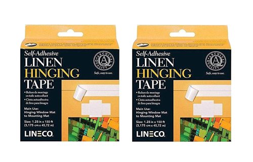 Lineco Self-Stick Linen Hinging Tape, Attaching Mats to Backboard, Hinge Heavy Artwork, Neutral pH Acrylic Adhesive. Acid-Free White Cloth, 1.25" x 150', Pack of 2