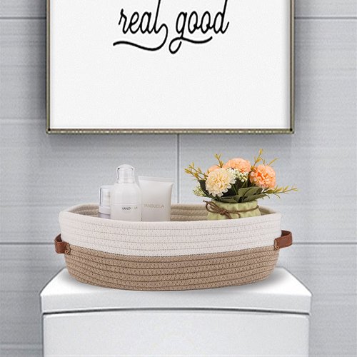 Oradrem 2 Pack Cotton Rope Bathroom Decor Basket,Toilet Paper Holder Basket,Farmhouse Home Decor Organizing Baskets 13"x5.9"x4" Brown Stitching White