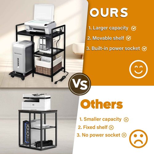 TC-HOMENY Printer Stand with Pull-out Shelf, 3-Tier Multi-Functional Home Printer Stand with Charging Station (Black)