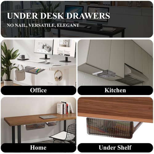 Under Desk Storage Drawer, Under Table Slide Out Self-Adhesive Organization, Translucent Black Medium