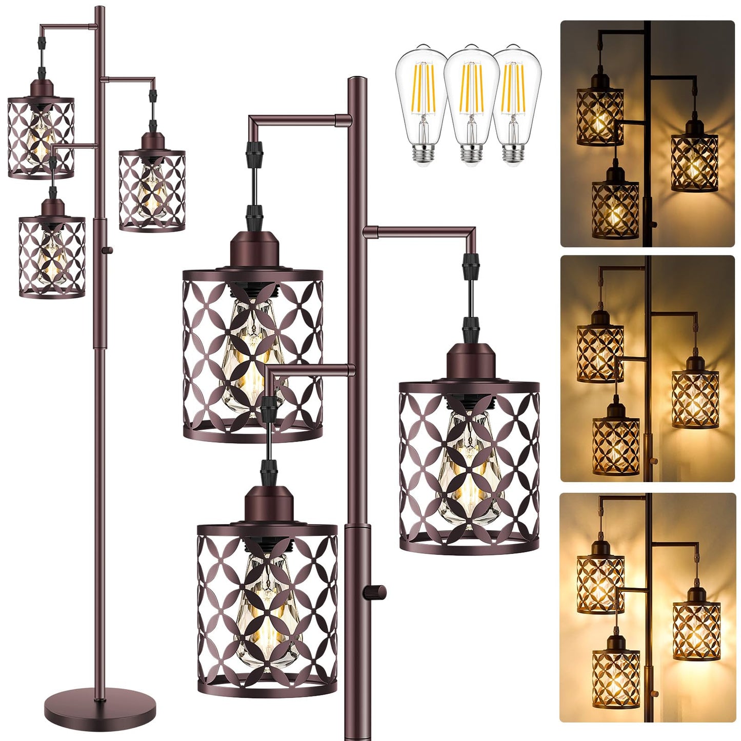 GHOOCEMLUX Dimmable Floor Lamp, Farmhouse Standing Lamp with Elegant Metal Cage, Industrial Tall Tree Floor Lamps for Living Room Bedroom Study Room Office, 3 x 800LM LED Bulbs Included - 68", Brown