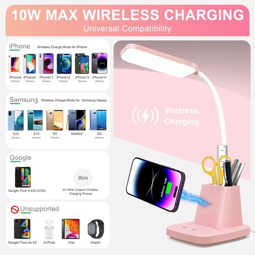 Sailstar Pink Desk Lamp - Wireless Charger & Pen Holder | Dimmable LED with Flexible Arm for Home Office & Kids