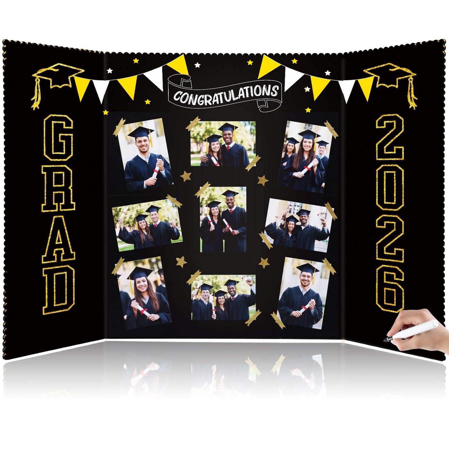 Epakh 2026 Graduation Trifold Poster Board 33 x 20 in Black Gold Senior Night Photo Display Board for Class of 2026 Graduation Photo Frames Picture Display for Grad Party Gift Table Decor