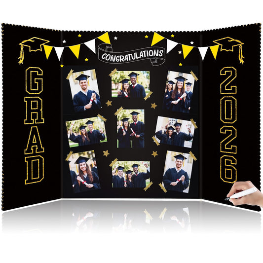 Epakh 2026 Graduation Trifold Poster Board 33 x 20 in Black Gold Senior Night Photo Display Board for Class of 2026 Graduation Photo Frames Picture Display for Grad Party Gift Table Decor