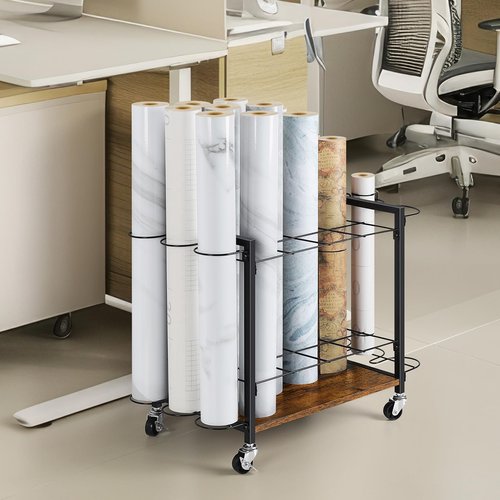 Blueprint Storage Rack Cart, 18 Slots Blueprint Holder with Wheels, Vinyl Roll Holder for Map Poster Architectural Construction Plan, Roll File Organizer for Home, Office, School, Rustic Brown
