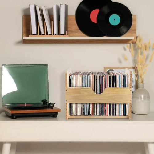 ZOOFOX Vinyl Record Storage Crate, Wood Crate Unfinished, Wooden Record Holder Stores up to 80 Albums, Large LP Album Shelf Vinyl Storage Cube Organizer Box
