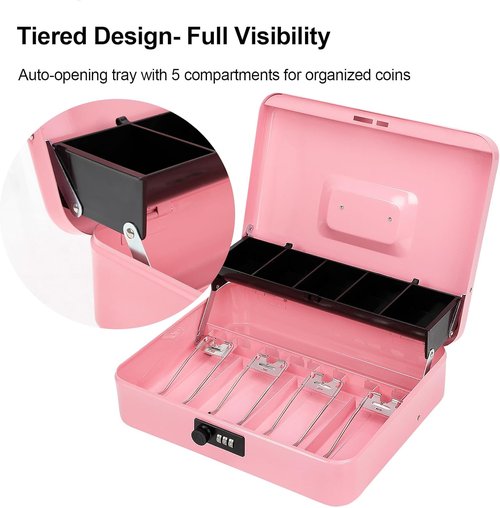 Jssmst Cash Box - Secure Pink Cash Box with Combination Lock & Money Tray | Large 11.8'' x 9.5'' x 3.5''