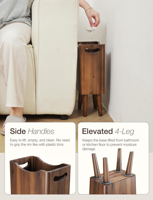 TIDITA 2 Gallons Wooden Trash Can 4 Legs - Acacia Wooden Bin, Wood Bathroom Accessories - Small Bin, Waste Basket For Bedroom, Office Garbage Can - Bathroom Trash Can, Assembly Required (Walnut color)