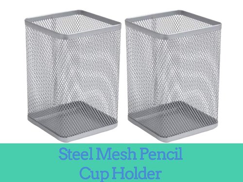 1InTheHome Large Pen Holder, Big Tall Pencil Cup, Silver Wire Mesh ''2 Pack''