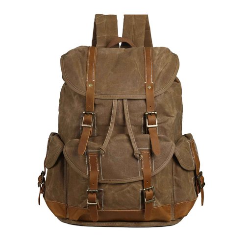 BRASS TACKS Leathercraft Backpack for Men Heavy Duty Waxed Canvas Vintage Women Trim Casual 15.6" laptop Travel Backpack-Brown