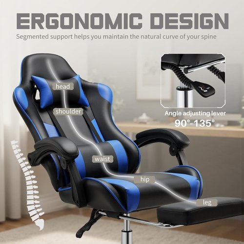 DUMOS Ergonomic Gaming Office Chair - Height Adjustable with Footrest & Headrest | Deep Blue PU Leather