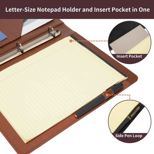 Geslun Genuine Leather 3 Ring Binder, 8.5 x 11 Letter Size Folio with Pen Holder, Soft Notebook Portfolio Cover, Slim Notepad Padfolio Thin File Organizer for Work Executive Meeting, Brown, Oil Tanned