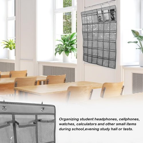 LNQ LUNIQI 36 Pockets Classroom Pocket Chart Convenient Storage Solution with 4 Pcs Metal Hooks for Teacher Cell Phones Holder Wall Door Mount Calculator Organizer (Grey)