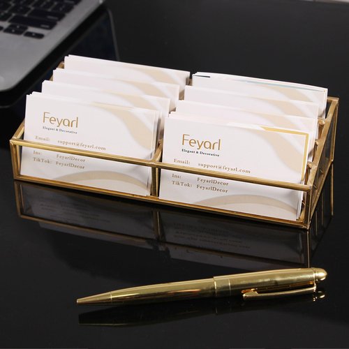 Feyarl Gold Glass Business Card Holder 8 Slots Large capacity Name Cards Display Stand Business Cards Holders Organizer Storage for Office Meeting Store Front Desktop Countertop