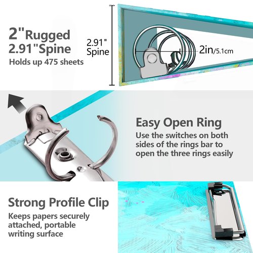 3 Ring Binder 2 Inch Ring, 2 Interior Pockets, 6 Tab Dividers, Low Profile Clipboard with Storage, Fashion Cute Binder and Labels Stickers for School Office (Purple Oil Painting)