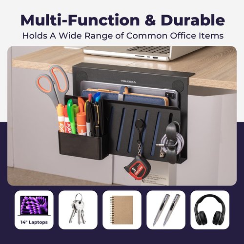 Volcora Side Storage, Under Desk Laptop Holder, No Drill Organizer with Magnetic Pen Box, Cable Clamp, Hanging Organizer, Laptop Mount File Holder for Office and Home, 1 Tier Black