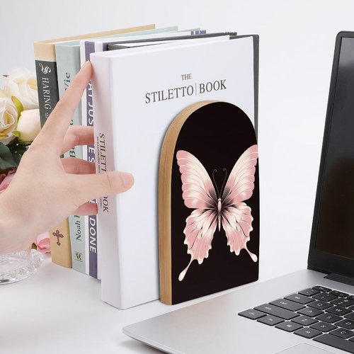 Velumair Light Pink Butterfly Book Ends Decorative Bookends for Shelves Wood Book Stopper for Home Office Desk to Hold Books 6.7 X 4.7 Inch Bookshelf Decor 1 Pair